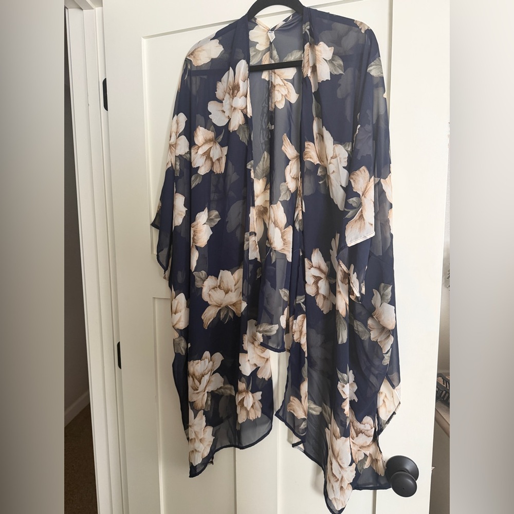 Pinkblush Navy Floral Sheer Kimono Cardigan with Cream Flowers